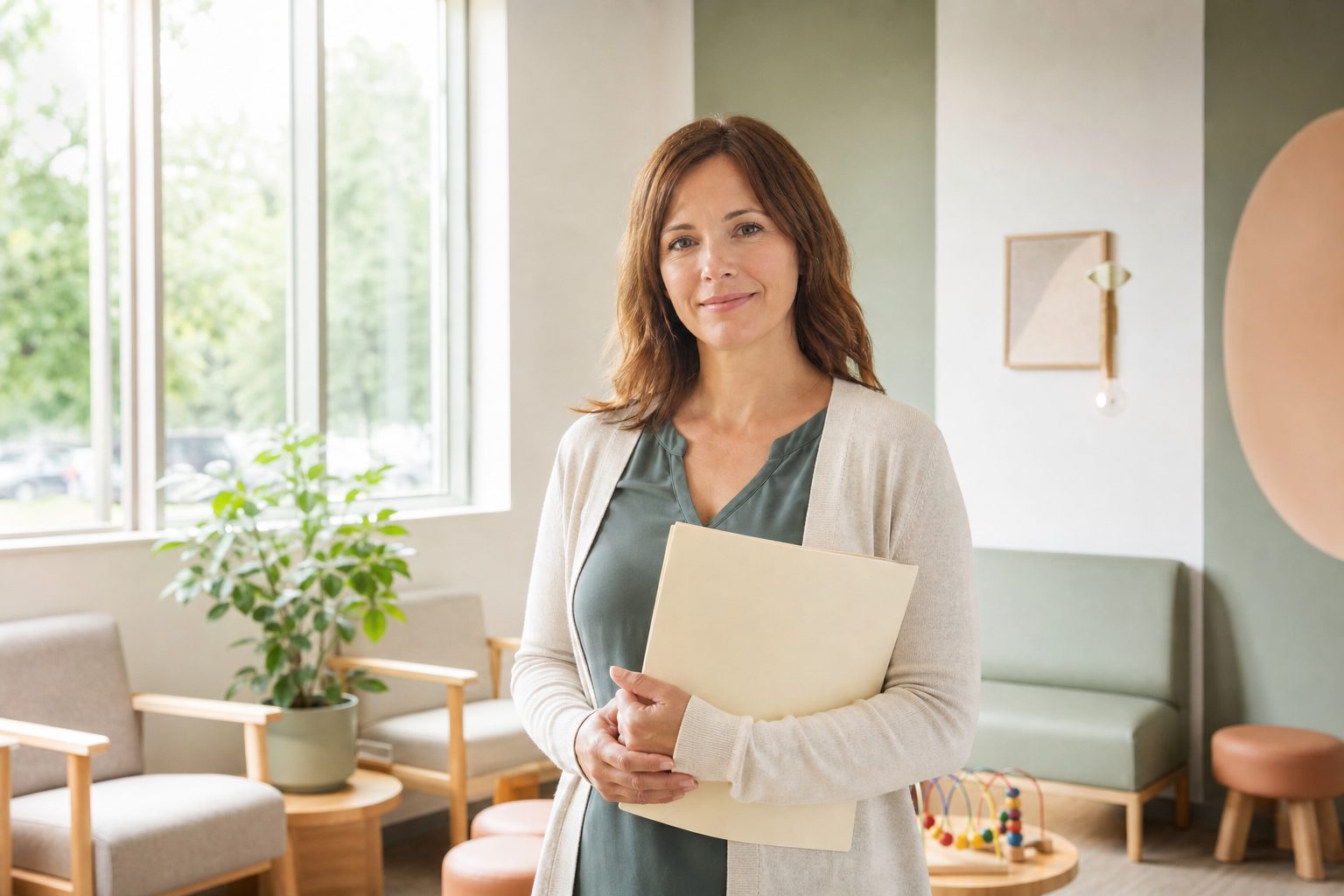 Lactation consultant holding a folder in a bright pediatric office waiting room