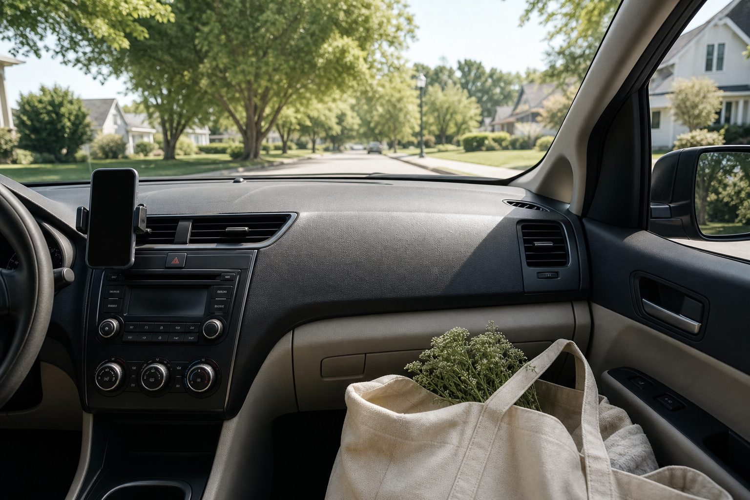 Car dashboard with phone mount and tote bag on the seat, sunny suburban street ahead