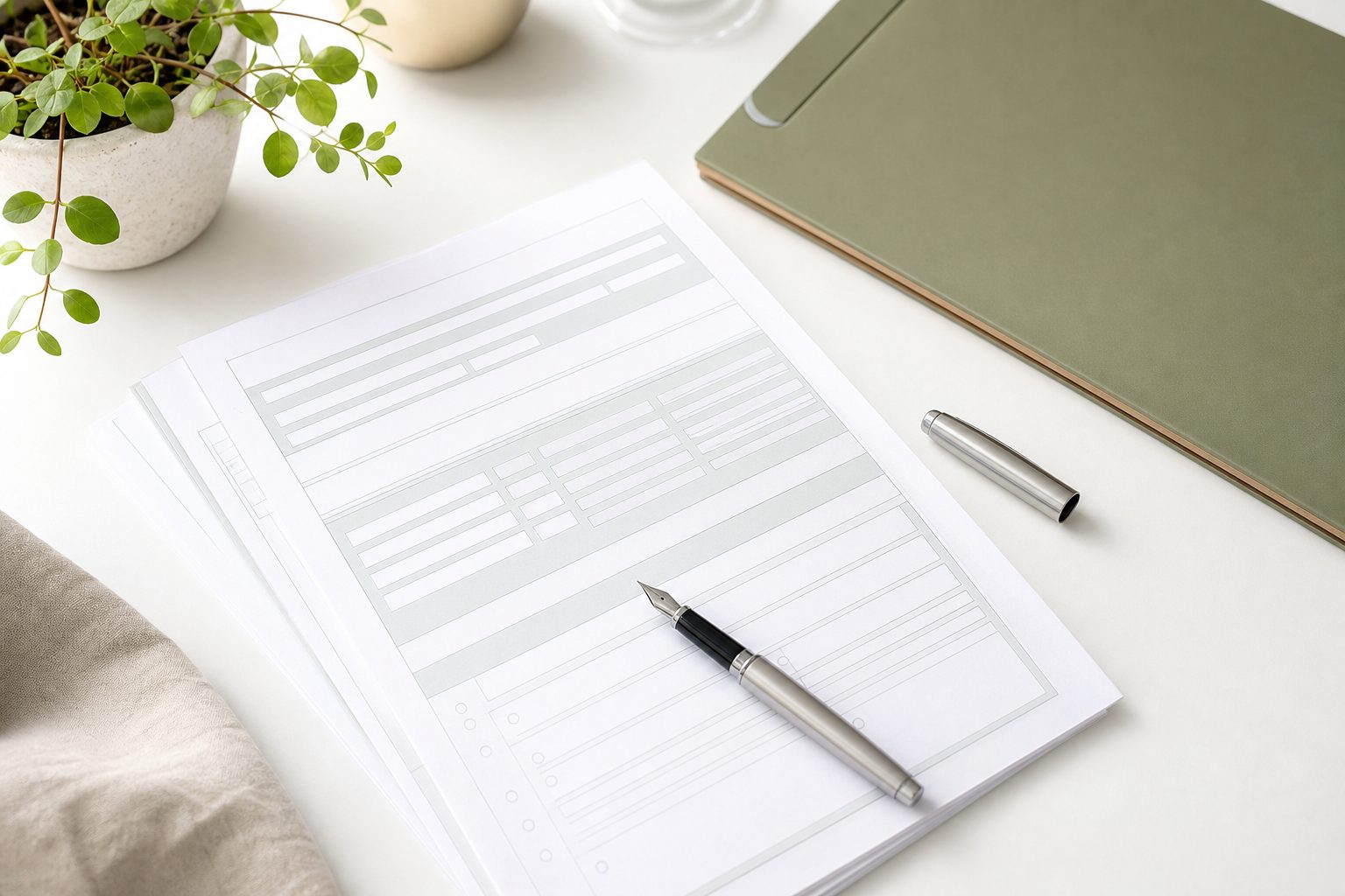 Neat stack of application forms and a pen on a bright white desk with a sage folder