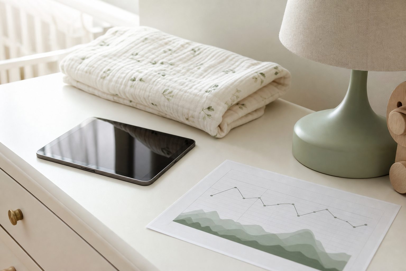 Tablet and paper chart on a white nursery dresser beside a folded swaddle