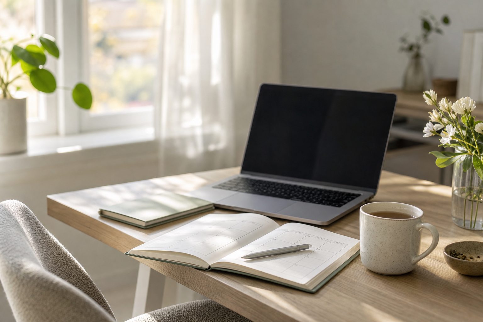 Bright home office desk with an open calendar, laptop and mug beside a curtained window