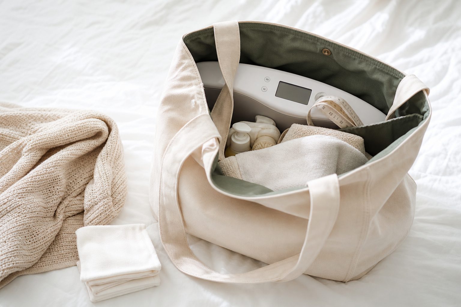 Open canvas tote with a baby scale and clean supplies arranged on a white bedspread