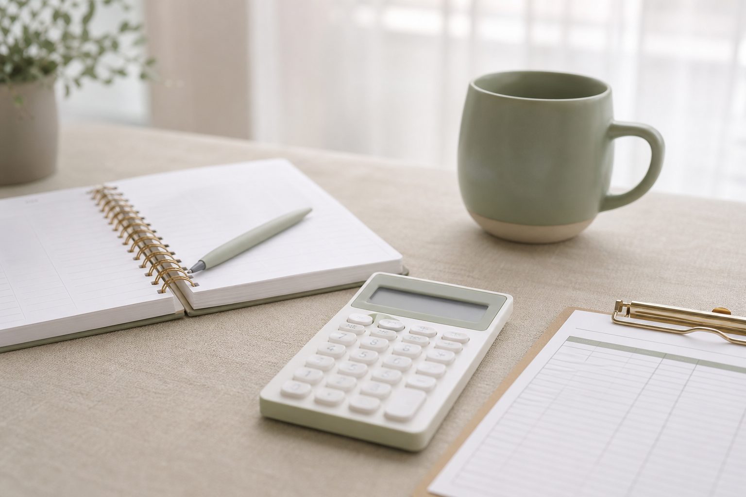 Notebook, calculator and mileage log on a pale linen table in soft morning light