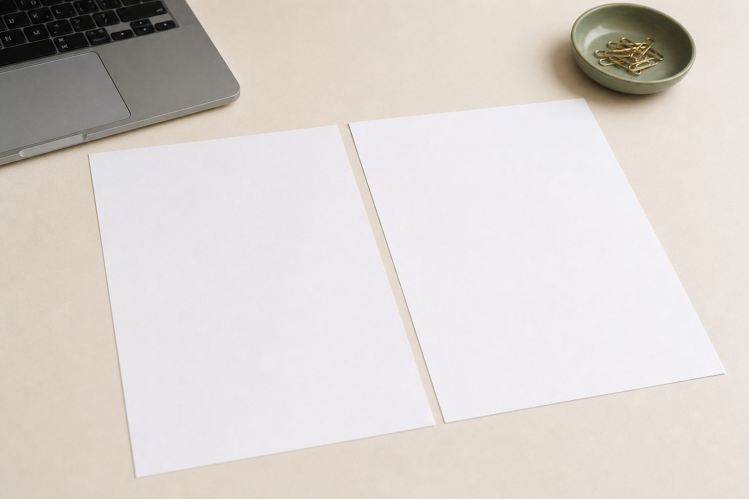 Two documents side by side on a pale oat desk beside a laptop and small ceramic dish
