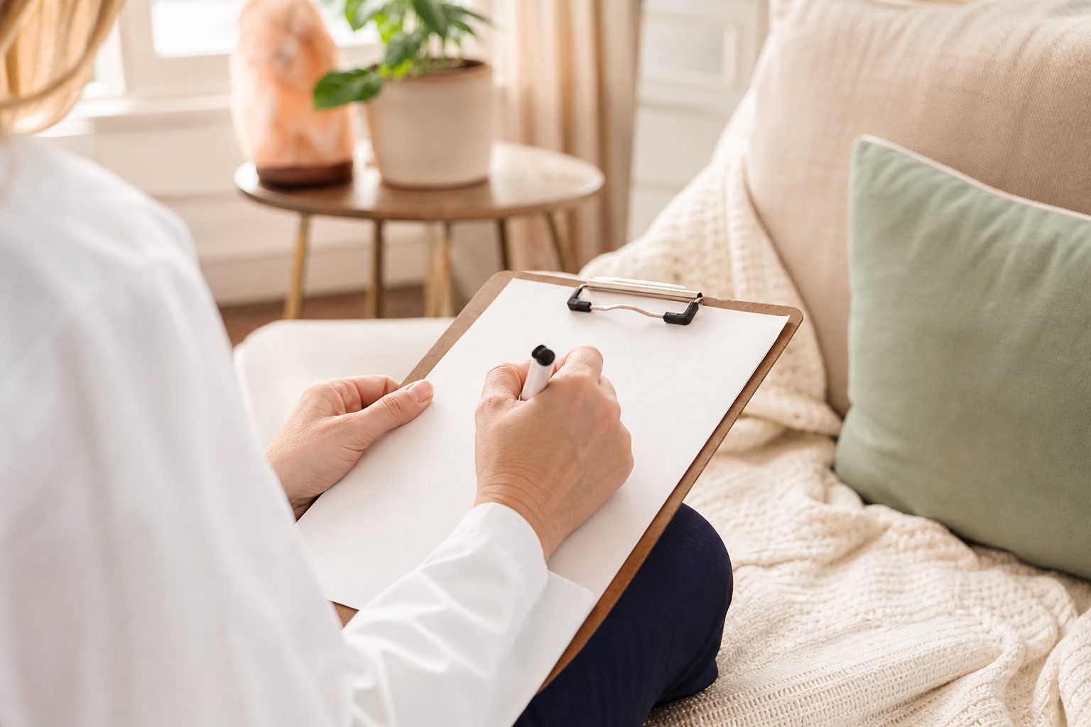 Clinician hands writing a referral note on a clipboard in a sunlit living room