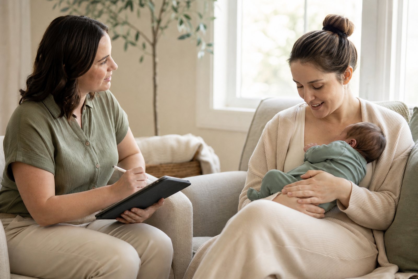A lactation consultant sitting beside a new mother and newborn in a sunlit living room, taking notes on a tablet during a home visit