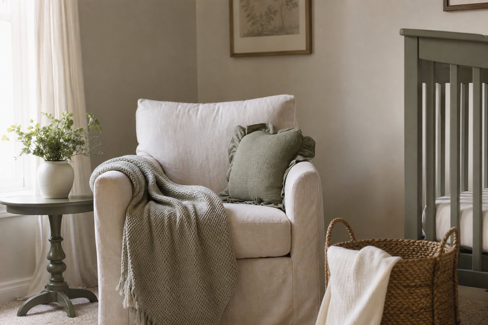 A quiet nursery corner with a nursing chair, folded blanket and woven basket in warm morning light